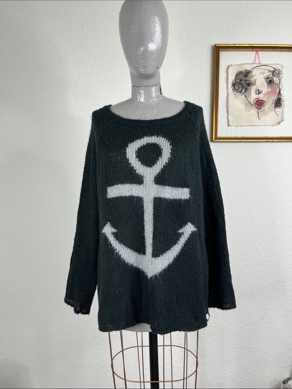 Wooden Ships Black Sweater with White Anchor